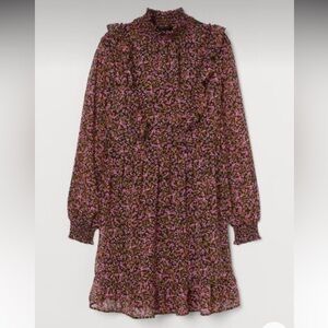 H&M Black Floral Ruffle Smocked Neck Dress Medium Sheer Overlay Peasant Modest
